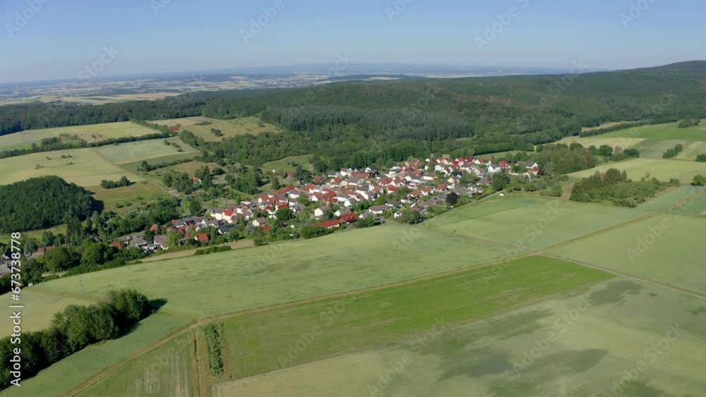 Aerial view, flight over agricultural land, meadows, forests. Hesse, Germany, Europe Aerial view, flight over agricultural land, meadows, forests. Hesse, Germany, Europe