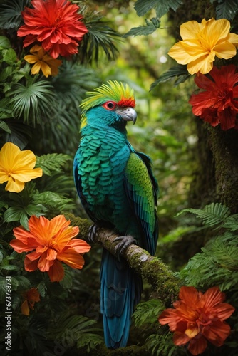 A resplendent quetzal with dazzling plumage takes center stage in dense Brazilian tropical rainforest where sunlight filters through the lush green canopy. Generative AI. © kapros76