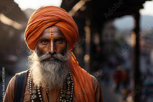 Portrait of a Hindu man with orange turban and long beard with a deep look.