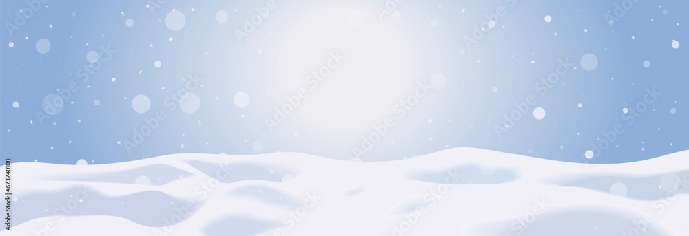 Christmas winter vector illustration of an empty snowbank field with snowflakes. Snow landscapes, frozen hills, and snowdrifts decoration isolated on the blue sky with copy space