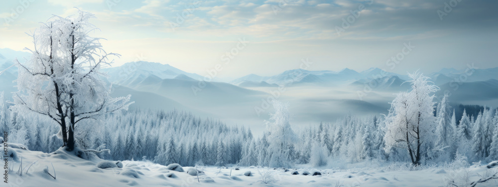 slowing down, good moments, slow life, real moments, relax concept. beautiful forest among the snow. banner