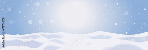Christmas winter vector illustration of an empty snowbank field with snowflakes. Snow landscapes, frozen hills, and snowdrifts decoration isolated on the blue sky with copy space