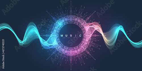 Music poster header for electronic festival with dotted lines and waves. Party flyer cover design concept. Distorted music wave equalizer. Abstract amplitude of sound
