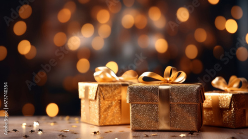 Christmas gift box, gold wrapping, golden bow, bokeh background. © Joel/Peopleimages - AI