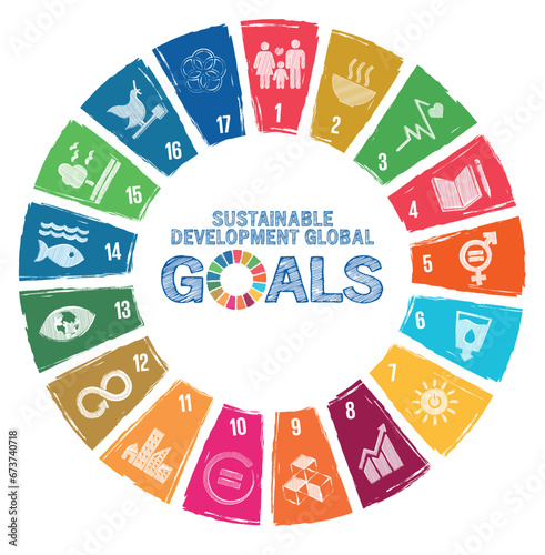 Sustainable Development Global Goals Wheel sketch art. Corporate social responsibility. Color pencil drawing. School education. Sustainable Development for a better world. Vector.