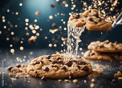 Delicious homemade chocolate chip cookies with exploding ingredients, isolated background