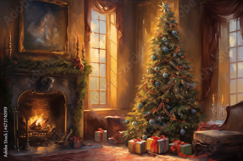 Christmas Tree Gifts Lit Log Fire Decorations traditional painting Indoor Scene sitting living room santa stocking Presents Painted Card Calendar Style cosy vintage old fashioned