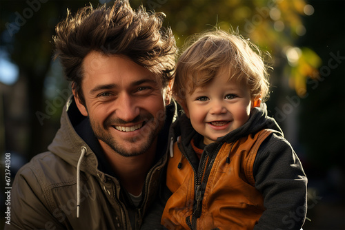 Parents and children, father with son. Happy family, a carefree and playful outing in the autumn park. people smiling outdoors. Happiness and love in a fun relationship between dad and toddler