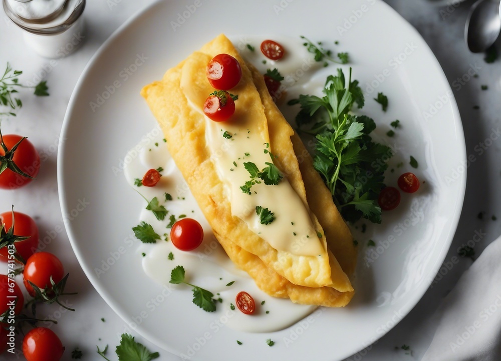 omelette for breakfast on a white porcelain plate in the restaurant

