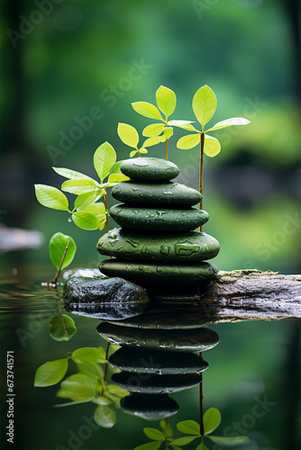 Pile of Zen stones and green leaf on calm water. Meditative lifestyle concept. Symbolic balance and inner equilibrium with stress relief. Mental rest and connection with nature. Poster with copy space