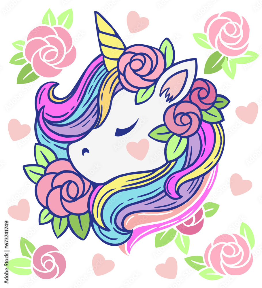Illustration of cute white unicorn with rainbow mane and rose flowers. Vector print for kids book, print, greeting card, t-shirt Illustration of cute white unicorn with rainbow mane and rose flowers. Vector print for kids book, print, greeting card, t-shirt