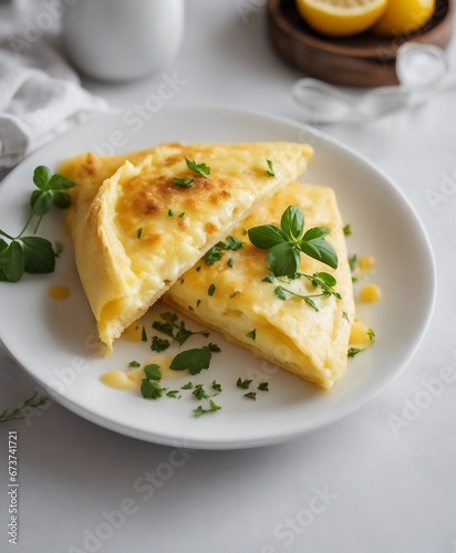 omelette for breakfast on a white porcelain plate in the restaurant