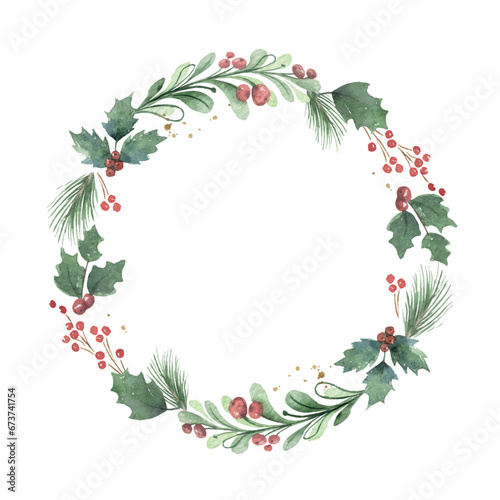Watercolor winter greenery wreath illustration. Christmas border, round frame...