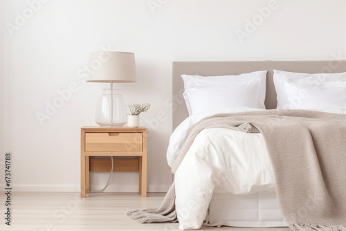 Scandinavian bedside tables decorate a modern bedroom with calm white tones and light wood.