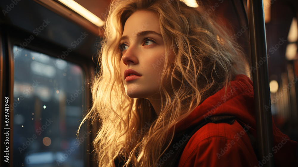 Female looking through train the window. Female looking through train the window.