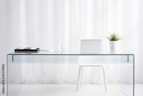 A sleek glass desk in a minimalist workspace with neutral tones