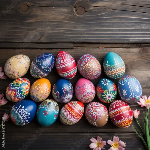 Hand-Painted Easter Eggs on Rustic Wood