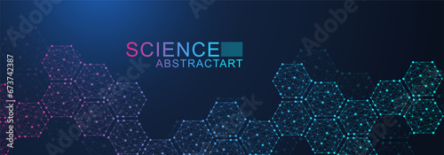 Modern scientific background with hexagons, lines and dots. Wave flow abstract background. Molecular structure for medical, technology, chemistry, science. Vector illustration