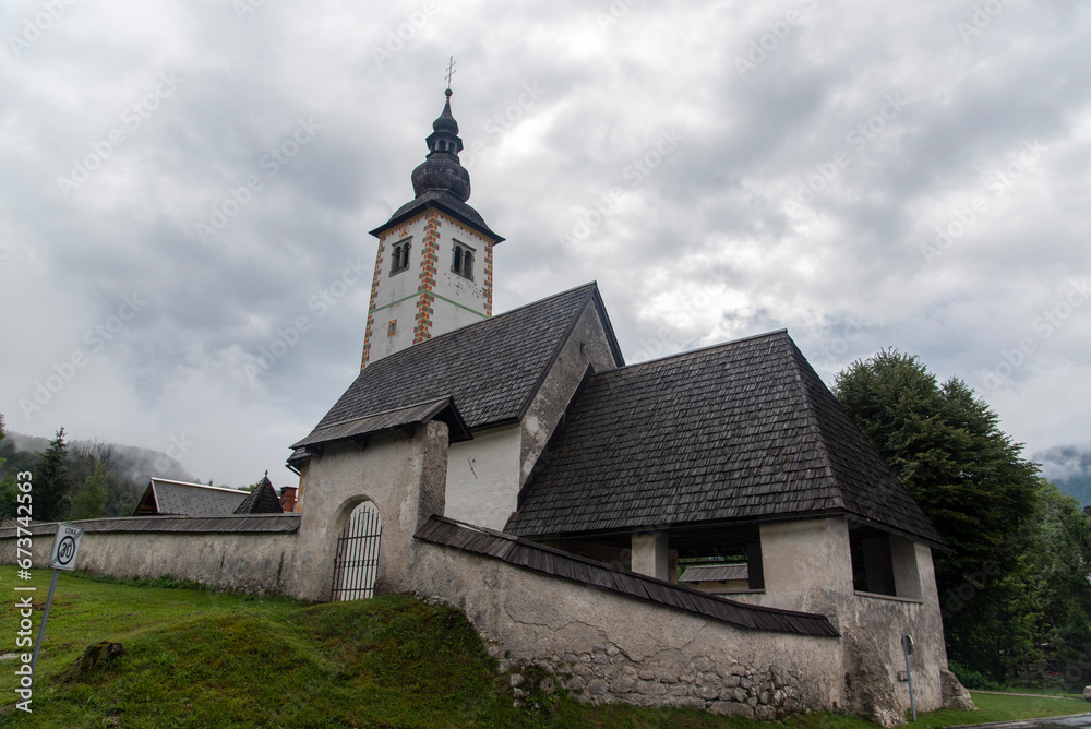 A view towards the church of Saint Paul in the alpine village of Stara Fuzina