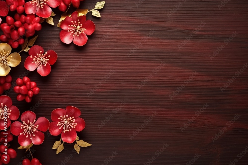 flat lay lunar new year or Happy Chinese new year decorations celebration with copy space on the wood background, generative ai