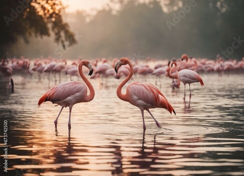 a flock of Flamingo s standing in the river  sunset and foggy weather