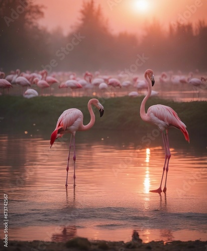a flock of Flamingo s standing in the river  sunset and foggy weather