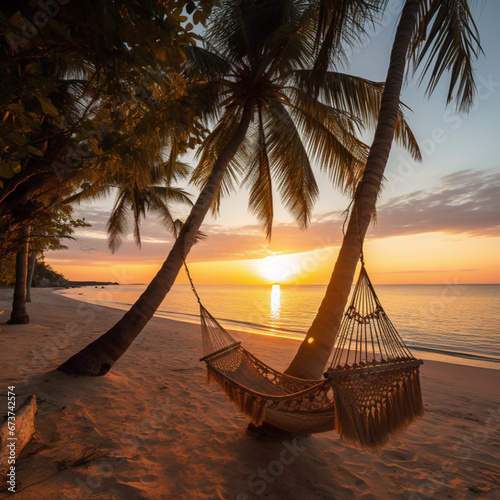 on a white sand beach, a hammock suspended between two coconut trees at sunset over the ocean © نيلو ڤر