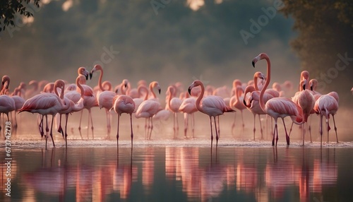 a flock of Flamingo s standing in the river  sunset and foggy weather  