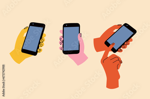 Vector illustration set human hands holding smart phone isolates on a white background