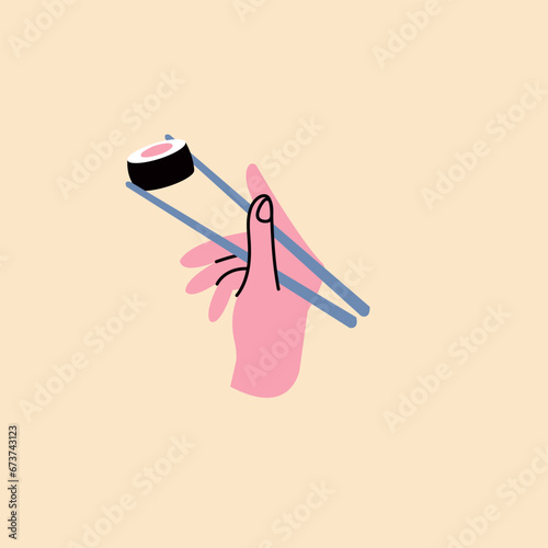 Vector illustration of hand holding chopsticks with sushi roll isolated on white background