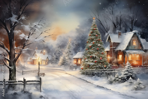 Christmas winter Street Scene Traditional Featuring a Snow Covered Town Glowing Lights People Shopping Large Decorated Christmas Tree Painted painting Card Calendar Style cosy