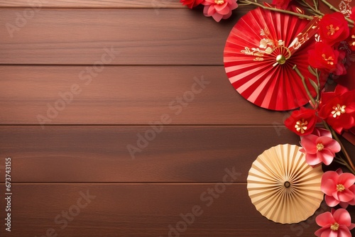 flat lay lunar new year or Happy Chinese new year decorations celebration with copy space on the wood background  generative ai
