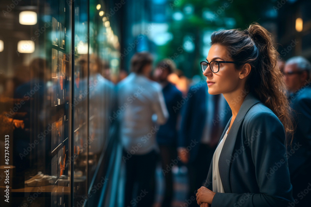 A young businesswoman looking at the window display.