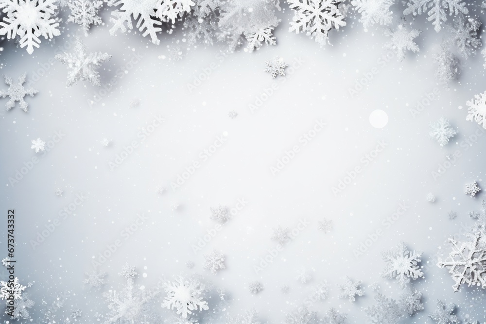 Winter Bliss: Sparkling Snowflakes on White Christmas Background with Empty Space
