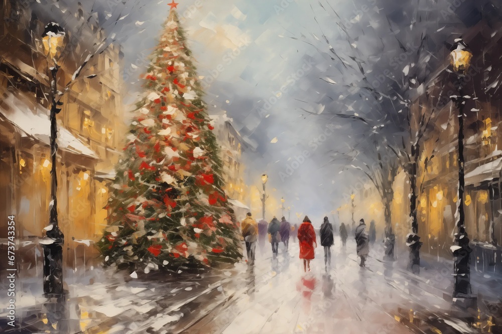 Christmas winter Street Scene Traditional Featuring a Snow Covered Town Glowing Lights People Shopping Large Decorated Christmas Tree Painted painting Card Calendar Style cosy