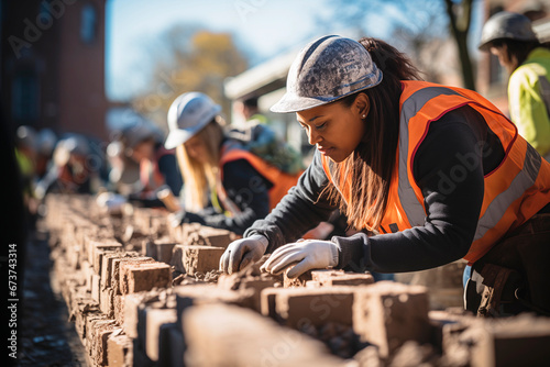 A group of women working with bricks in the construction of a building.