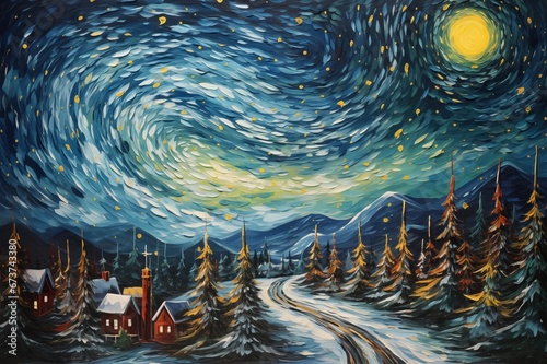 A Painted Christmas Street Scene Featuring a Snow Covered Town With Glowing Lights and a Large Fir Trees and a Starry Nights Sky In a Post Impressionist Vincent Van Gogh Style