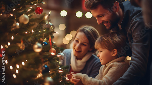 Close-up of a happy family, father and child daughters decorate Christmas tree. Concept of love, xmas, new year.