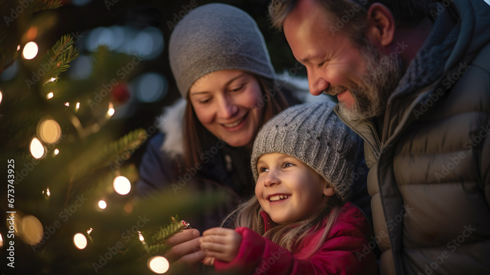 Winter scene: mother, father and daughter decorate Christmas tree. Golden lights, festive atmosphere, waiting for Santa Claus. Winter scene: mother, father and daughter decorate Christmas tree. Golden lights, festive atmosphere, waiting for Santa Claus.