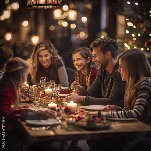 Group of friends celebrating Christmas in front of a table set. Cozy bright winter scene, Xmas celebration. Concept of friendship, new year, advent.