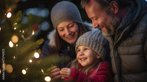 Winter scene: mother, father and daughter decorate Christmas tree. Golden lights, festive atmosphere, waiting for Santa Claus.