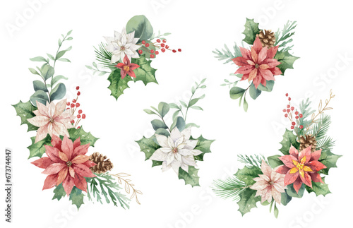 Christmas floral arrangement clipart set. Poinsettia, fir branches, holly berries, coins. Vector watercolor for wedding, stationery, invitation, holiday card template.