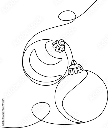 Continuous one line drawing of a Christmas decoration of baubles in silhouette on a white background. Linear stylized.New Year's toy
