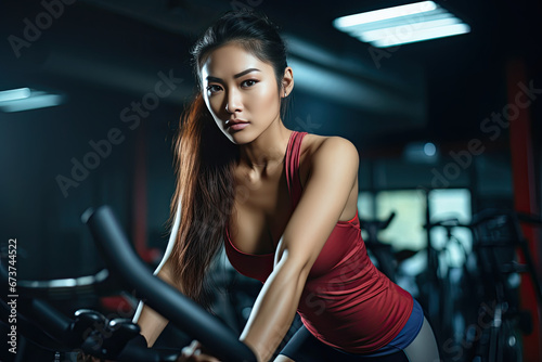 asia woman in sportive activewear training on bike at gym