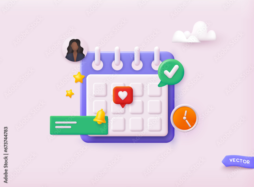 Calendar icon with planning. Icon composition with calendar with scheduled dates and appointments, clock, to-do list with tasks, reminders and messages. 3D Web Vector Illustrations.