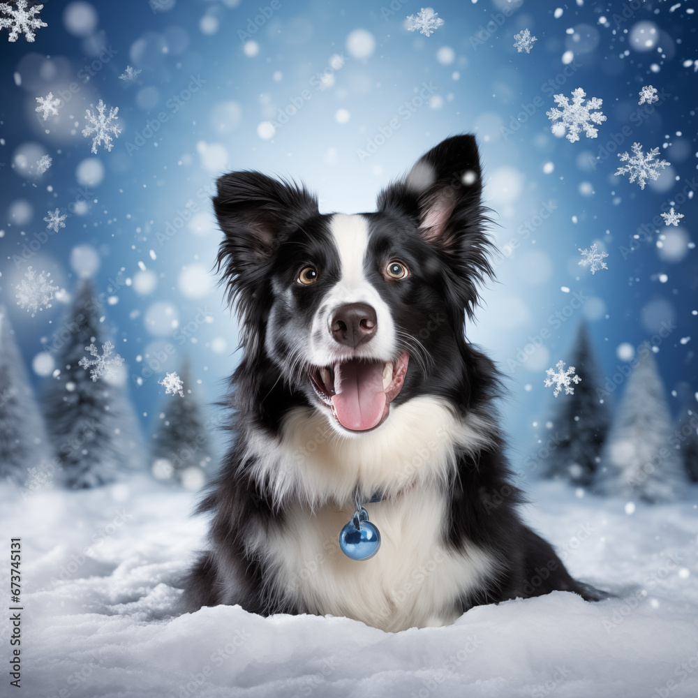 Christmas Themed Border Collie in the snow surrounded by snowflakes
