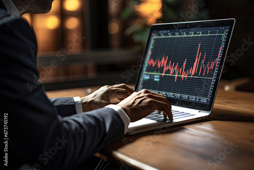 Businessman working on a laptop showing charts and graphs. Stock market concept
