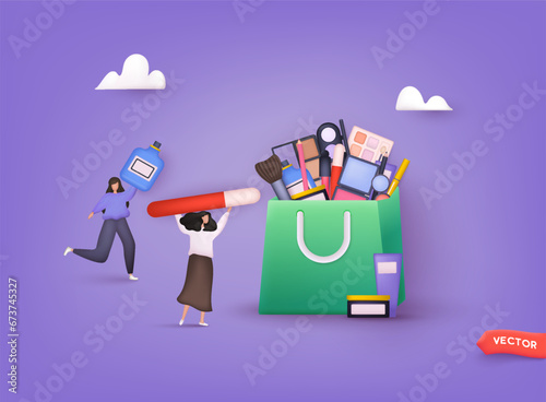 Women holds cosmetic. Beauty and skin care. Promotion poster and banner, shopping and discounts. Offer for regular customers. 3D Web Vector Illustrations.