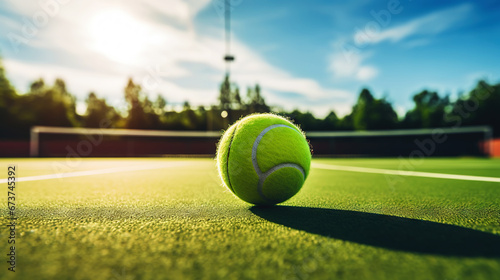Closeup of tennis ball on empty court. Tennis match on sunny day. Concept of a sporty lifestyle. Generative AI © AngrySun