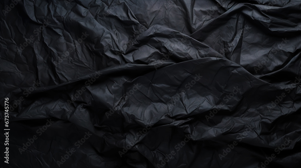 Black crumpled paper texture. Blank dark background with creases. Generative AI